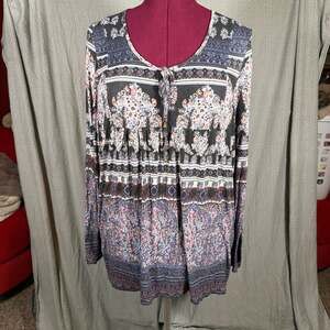 One World Live and Let Live Bohemian Long Sleeve Printed Tunic Blouse